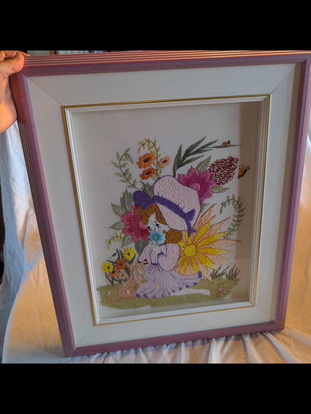 2/80$ Vintage Pink-Framed Embroidered Girl with dog and Floral Bouquet